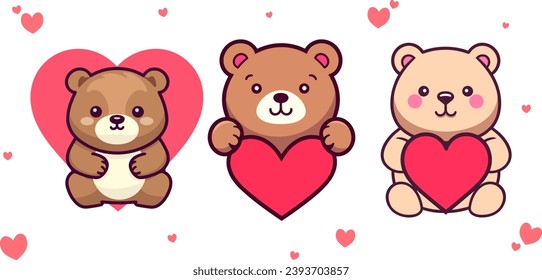 Vector Collection Set of Cute Teddy Bears: Cartoon Animal Compositions with Bears and Hearts for Valentine’s Day in Flat Style
