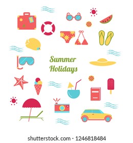 Vector collection, set of design elements and icons for summer holidays, travel and vacation. Vector flat Illustration 