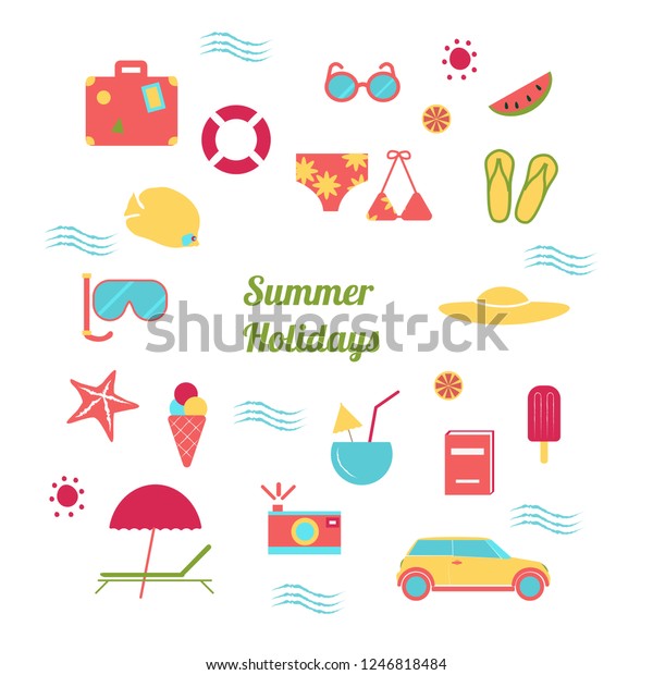 Vector\
collection, set of design elements and icons for summer holidays,\
travel and vacation. Vector flat Illustration\
