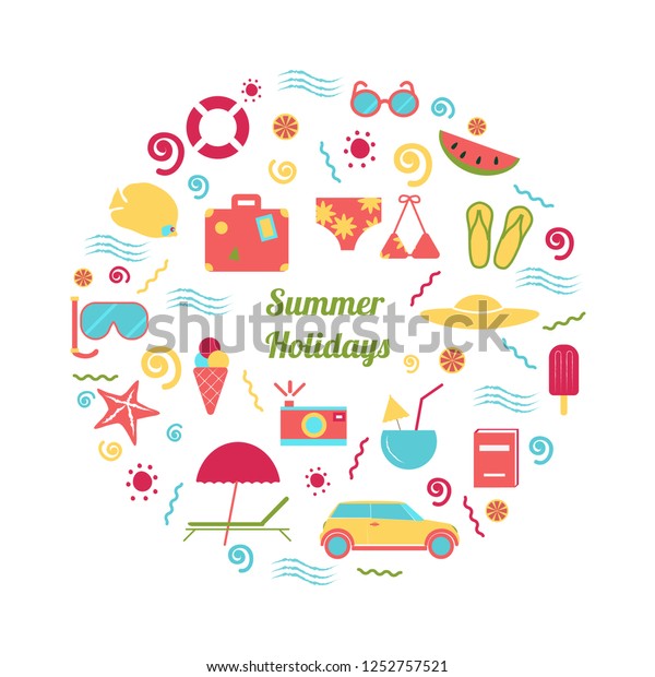 Vector collection, set of design elements and icons for\
summer holidays, travel and vacation. Flat vector Illustration.\
Round composition 