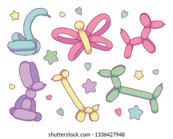 Vector collection set with different cute cartoon balloon animals including dogs, butterfly, swan, giraffe and bunny in soft pastel colors