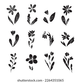 vector collection set of flowers botany line solid line draw black silhouette pink background suitable for social media
