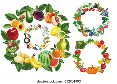 Vector collection set of frames with berries, fruits, vegetables, cooking ingredients isolated on white background