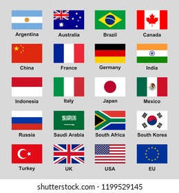 Vector collection set of G20 states (major economies) official flags in 4:3 ratio