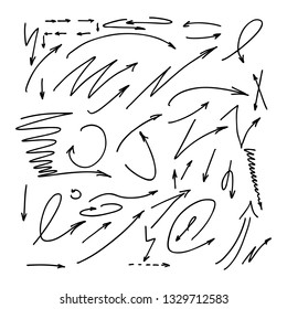 Vector collection set of hand drawn arrows. Sketch doodle style arrows on white background
