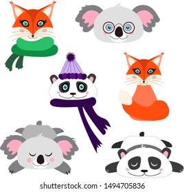 Vector collection, set of kawaii, cute animals. Winter, autumn accessories. Koala, panda, fox.