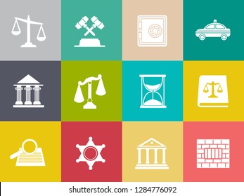 Vector Collection Or Set Of Law And Justice Icons Sign Symbol, Lawyer Court Building Icon Police