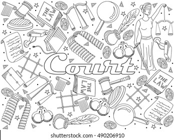 Vector collection or set of law and justice icons sign symbol pictogram in flat style with a Judge book hammer handcuffs scales hat icon police