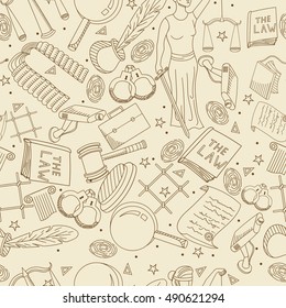 Vector collection or set of law and justice icons sign symbol pictogram in flat style with a Judge book and hammer, handcuffs, scales and hat seamless retro