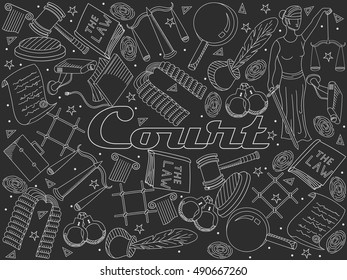 Vector collection or set of law and justice icons sign symbol pictogram in flat style with a Judge book hammer handcuffs scales hat chalky