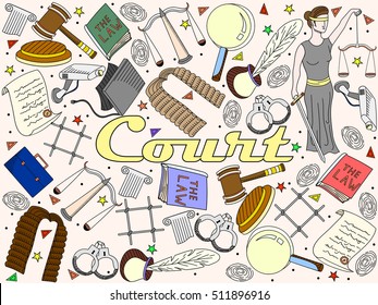Vector collection or set of law and justice icons sign symbol pictogram in flat style with a Judge book hammer handcuffs scales hat