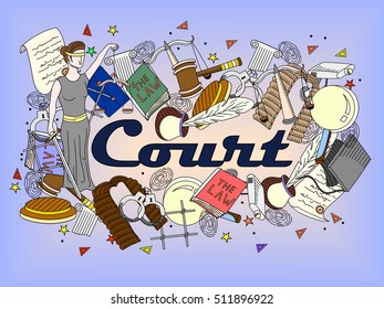 Vector collection or set of law and justice icons sign symbol pictogram in flat style with a Judge book hammer handcuffs scales hat