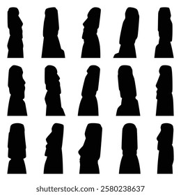 Vector collection set of moai statue silhouettes.	