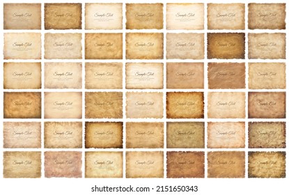 Vector collection set old parchment paper sheet vintage aged or texture isolated on white background.