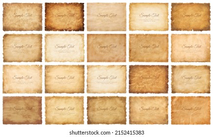 Vector collection set old parchment paper sheet vintage aged or texture isolated on white background.