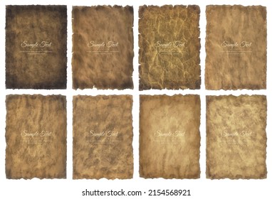 Vector collection set old parchment paper sheet vintage aged or texture isolated on white background.