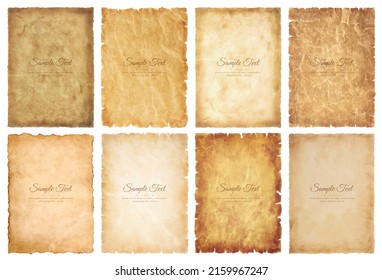 Vector collection set old parchment paper sheet vintage aged or texture isolated on white background.