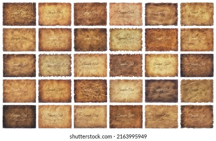 Vector collection set old parchment paper sheet vintage aged or texture isolated on white background.