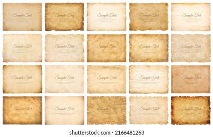 Vector collection set old parchment paper sheet vintage aged or texture isolated on white background.