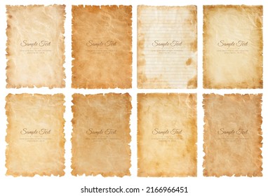 Vector collection set old parchment paper sheet vintage aged or texture isolated on white background.