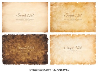 Vector collection set old parchment paper sheet vintage aged or texture isolated on white background.