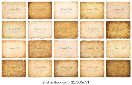 Vector collection set old parchment paper sheet vintage aged or texture isolated on white background.