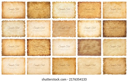 Vector collection set old parchment paper sheet vintage aged or texture isolated on white background.