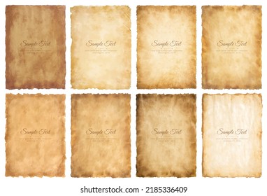 Vector collection set old parchment paper sheet vintage aged or texture isolated on white background.