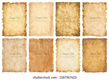 Vector collection set old parchment paper sheet vintage aged or texture isolated on white background.