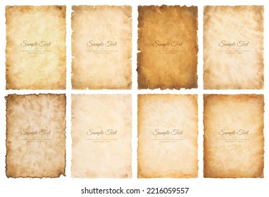 Vector collection set old parchment paper sheet vintage aged or texture isolated on white background.