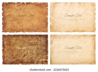 Vector collection set old parchment paper sheet vintage aged or texture isolated on white background.