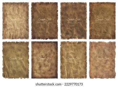 Vector collection set old parchment paper sheet vintage aged or texture isolated on white background.