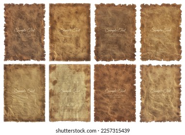 Vector collection set old parchment paper sheet vintage aged or texture isolated on white background.