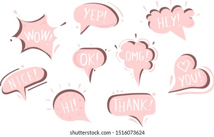 Vector collection, set of pink speech clouds, stickers, icons, templates