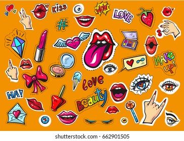 Vector collection set with pop art fashion badges, stickers isolated