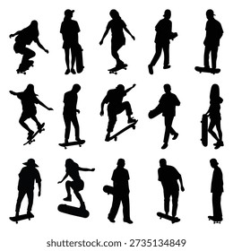 Vektorgrafik-Kollektion von Skateboarding Menschen Silhouetten.