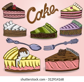 Vector collection: A set of various hand drawn pieces of cake, with a spoon and a fork and Hand lettered Cake sign