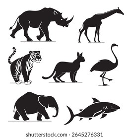 A vector collection of seven animal illustrations in a bold, black graphic style. This set features a rhino, giraffe, tiger, lynx, flamingo, elephant, and a great white shark.