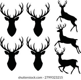 Vector collection of seven black deer silhouettes featuring stag head portraits with large antlers and running bucks isolated on white.