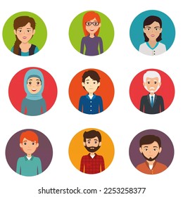 Vector collection of several semi-body people in a circle with various professional backgrounds and different genders