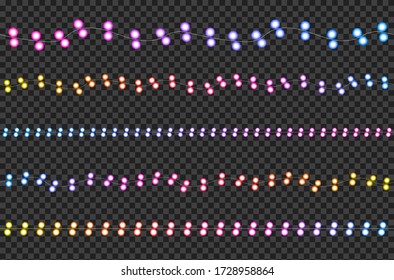 Vector collection of shining garlands isolated on dark transparent background, soft gradient colors, christmas cozy decoration, rainbow colors.