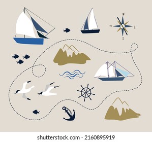 Colección de vectores con naves, anclas, volante, montañas, pájaros y peces. Mapa pirata marino. La rosa del viento. Ilustración dibujada a mano por vectores.