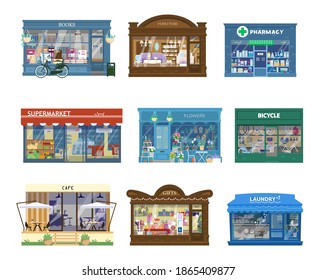 Vektorgrafik von Shops Buildings Exteriors. Vorführungen mit Waren. Buchladen, Möbelgeschäft, Apotheke, Supermarkt, Blumenladen, Fahrrad, Café, Geschenkladen, Wäscheservice. Einzeln auf Weiß.