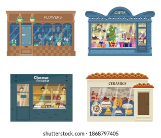 Vector Collection Of Shops Buildings Exteriors. Showcases With Goods. Flower Shop, Gifts Shop, Cheese Market, Ceramics Store. Isolated On White.