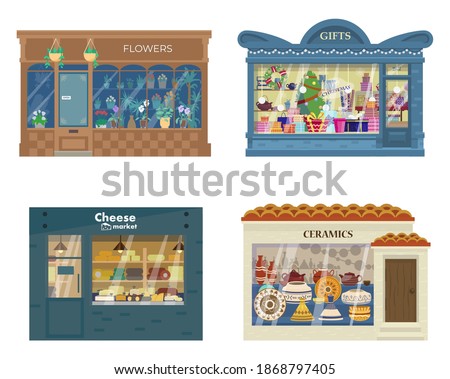 Vector Collection Of Shops Buildings Exteriors. Showcases With Goods. Flower Shop, Gifts Shop, Cheese Market, Ceramics Store. Isolated On White.