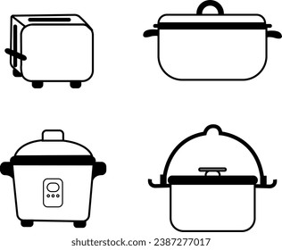 A vector collection showcasing various kitchen appliances, including a toaster, crock pot, rice cooker, and pressure cooker.