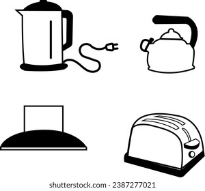 A vector collection showcasing various kitchen appliances, including electric kettle, kettle, wall chimney, and toaster.