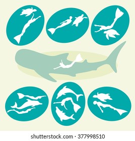 Vector collection with silhouette of free divers, dolphins, turtles and whale shark. Adventure freediving icons. 