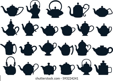 Vector collection silhouette illustration of tea kettles on a white background.