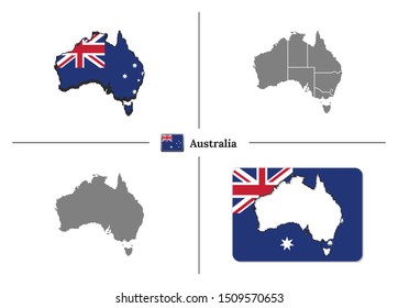 Vector collection with silhouettes of Australia map with national flag and marked state regions